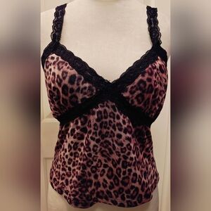 Y2K West of Melrose Leopard Print Cami Top w Lace Trim.